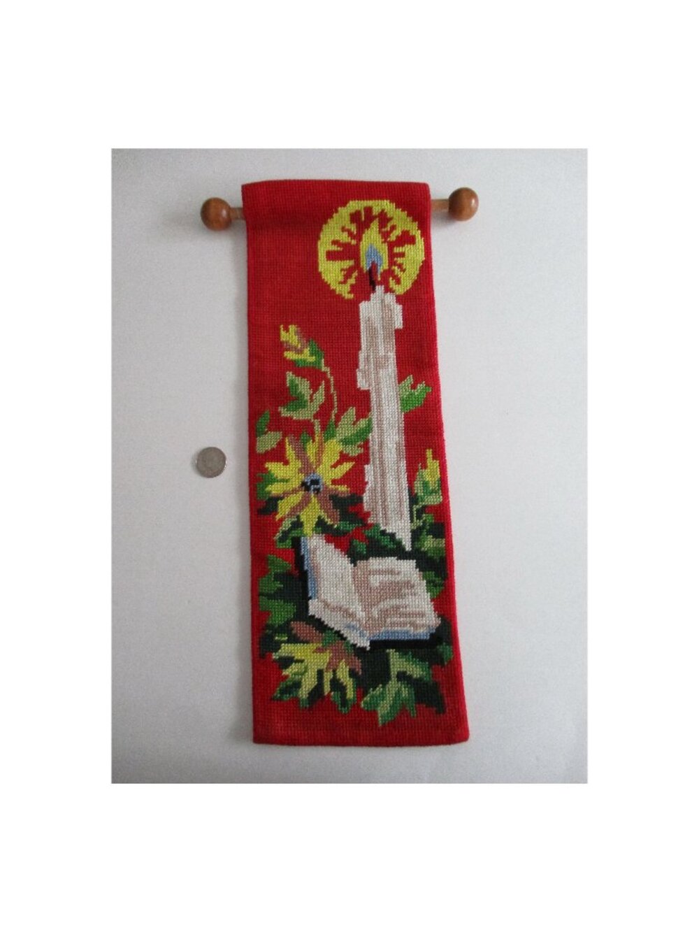 Christmas Needlepoint Hanging, Handmade, Colours Bright, 17.25 in. x 6 in.